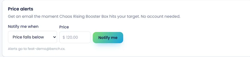 Setting a sealed Pokémon price-drop alert on bench.cx